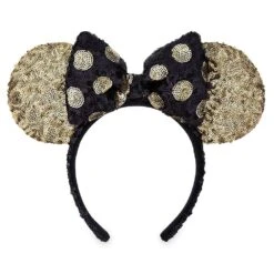 Disney Minnie Ear Headband - Gold Sequined Ears With Black / Gold Bow