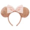 Disney Ear Headband - Minnie Mouse - Sequined Rose Gold With Pink Satin Bow -Disney 93673